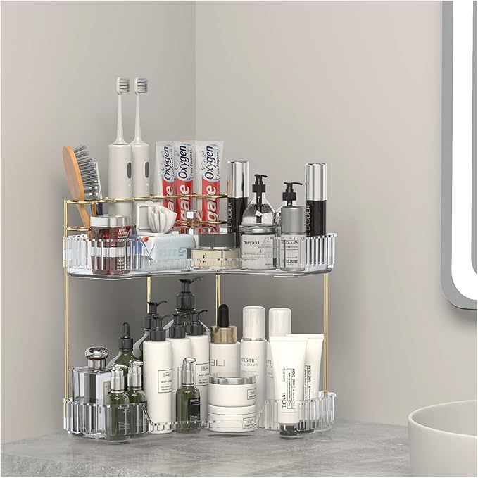 Makeup Organizer Countertop 2 Tier, Corner Bathroom Countertop Organizer with Toothbrush and Makeup Brush Holder, Corner Vanity Tray for Skincare Organization-Velvo Beauty