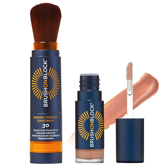 Brush On Block Full Face Sun Protection Kit, Translucent Mineral Powdered Sunscreen & Protective Lip Oil SPF 30, Reef Friendly, FSA HSA Eligible-Velvo Beauty