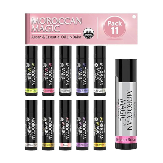 Moroccan Magic Organic Lip Balm & SPF15: 11 Piece Variety Pack Gift Set | Organic Argan and Essential Oils | Smooth | Natural | Non-Toxic | Cruelty Free | 11 Pack-Velvo Beauty