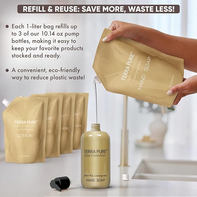 Terra Pure Spa Collection 1 Liter Hand Wash Refill Bag For Soap Dispensers | Bulk Toiletries for Vacation Rentals, and Home Bathroom Showers | Green Tea Lemongrass | Single-Velvo Beauty