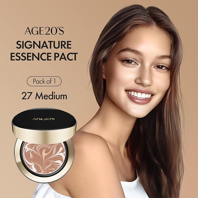 AGE20'S Signature Essence Pact SPF 50+ | Pack of 1 | 27 Medium | Cream Foundation, Dewy Finish, Natural Coverage | Korean Cushion Foundation-Velvo Beauty