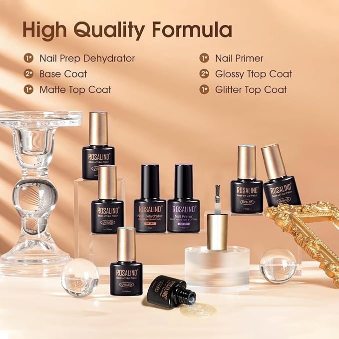 ROSALIND 8 PCS Nail Prep Dehydrator and Primer with Base Coat Top Coat, Glossy Glitter Matte Top Coat for Acrylic Gel Nail Polish Nail Art Supplies Gift-Velvo Beauty