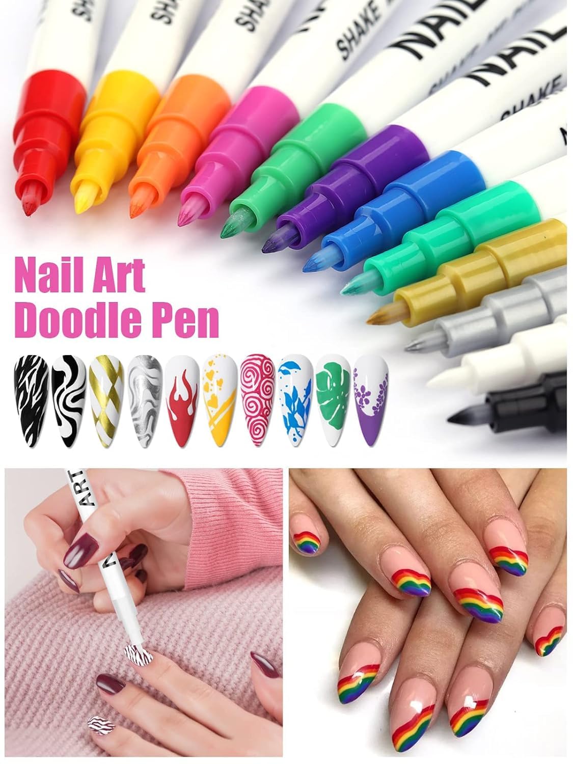 12 Color 3D Nail Art Pens Set, Kalolary Nail Pens Nail Point Graffiti Dotting Pen Drawing Painting Liner Brush for DIY Nail Art Beauty Adorn Manicure Tools-Velvo Beauty