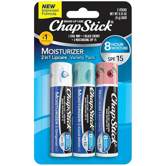 ChapStick Moisturizer Original, Black Cherry and Cool Mint Lip Balm Tubes Variety Pack, SPF 15 and Skin Protectant - 0.15 Oz (Pack of 3)-Velvo Beauty