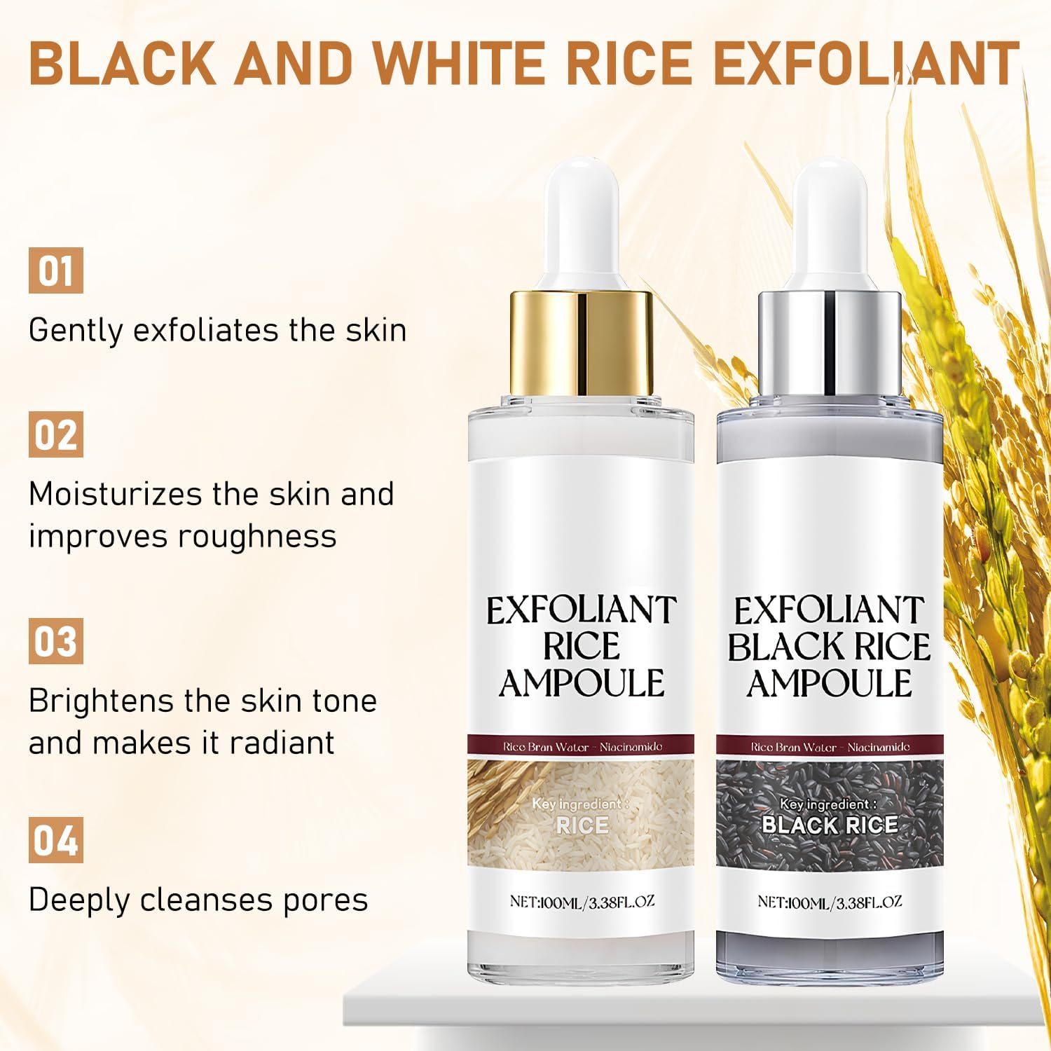 Rice Exfoliant Ampoule Duo, Black and White Face Peeling Solution, Moisturizing Pore Minimizer, 2-Pack, 100ml-Velvo Beauty