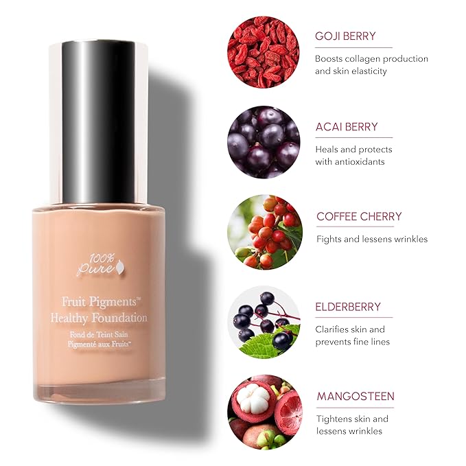 100% PURE Healthy Foundation Full Face Coverage Makeup, Liquid Matte Finish with Anti-Aging Benefits - Vegan Gorgeous Fruit Pigmented Sand Color (Light Medium with Neutral Undertone) - 1 Fl Oz-Velvo Beauty