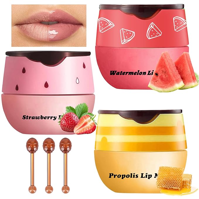 3Pcs Lip Balm Honey Pot with Stick, Honey Strawberry Apple Moisturizing and Hydrating Sleeping Lip Mask, Day and Night Repair and Care, Improve Lip Color, Reduce Lip Lines (SET B)-Velvo Beauty