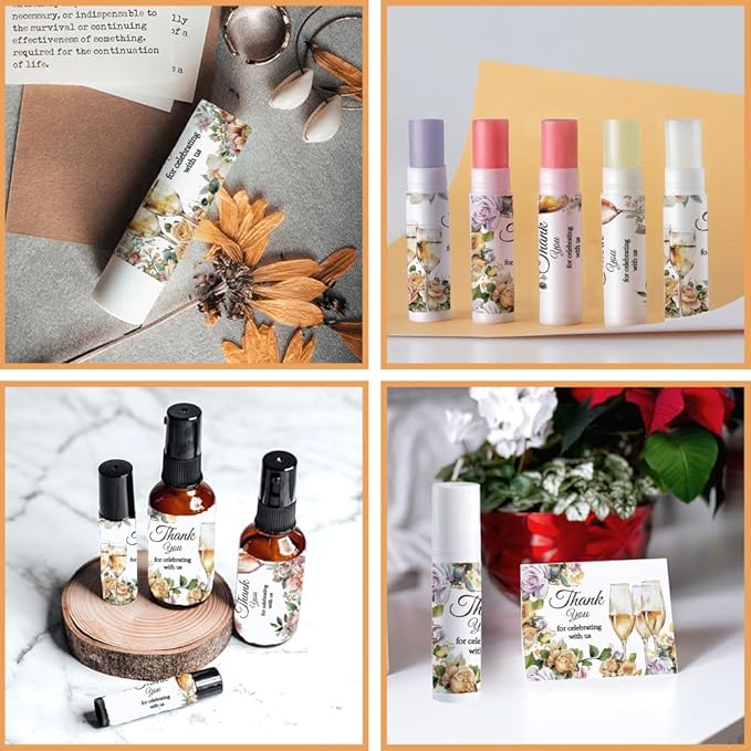 OLYCRAFT 100Pcs Self-Adhesive Lip Balm Tag Sticker 1.7~2.1x1.7~2.1 Inch Waterproof Adhesive Label with Champagne Pattern Lipstick Tag Sticker for Lip Balm Container Tubes Lipstick Wrapping Decoration-Velvo Beauty