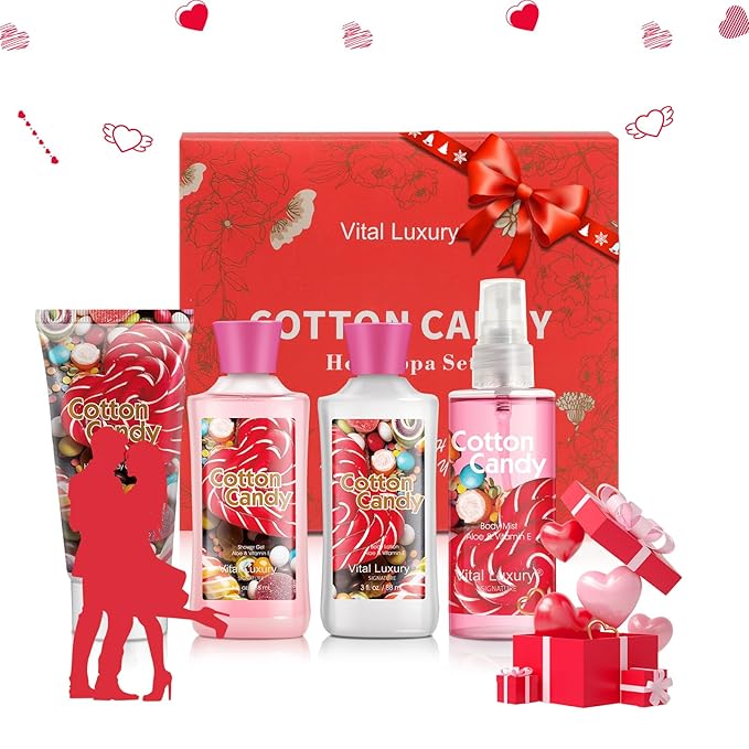 Cotton Candy Bath & Body Kit, 3 Fl Oz, Ideal Skincare Gift Home Spa Set, Includes Body Lotion, Shower Gel, Body Cream, and Fragrance Mist, Birthday Mother's Day Gifts-Velvo Beauty
