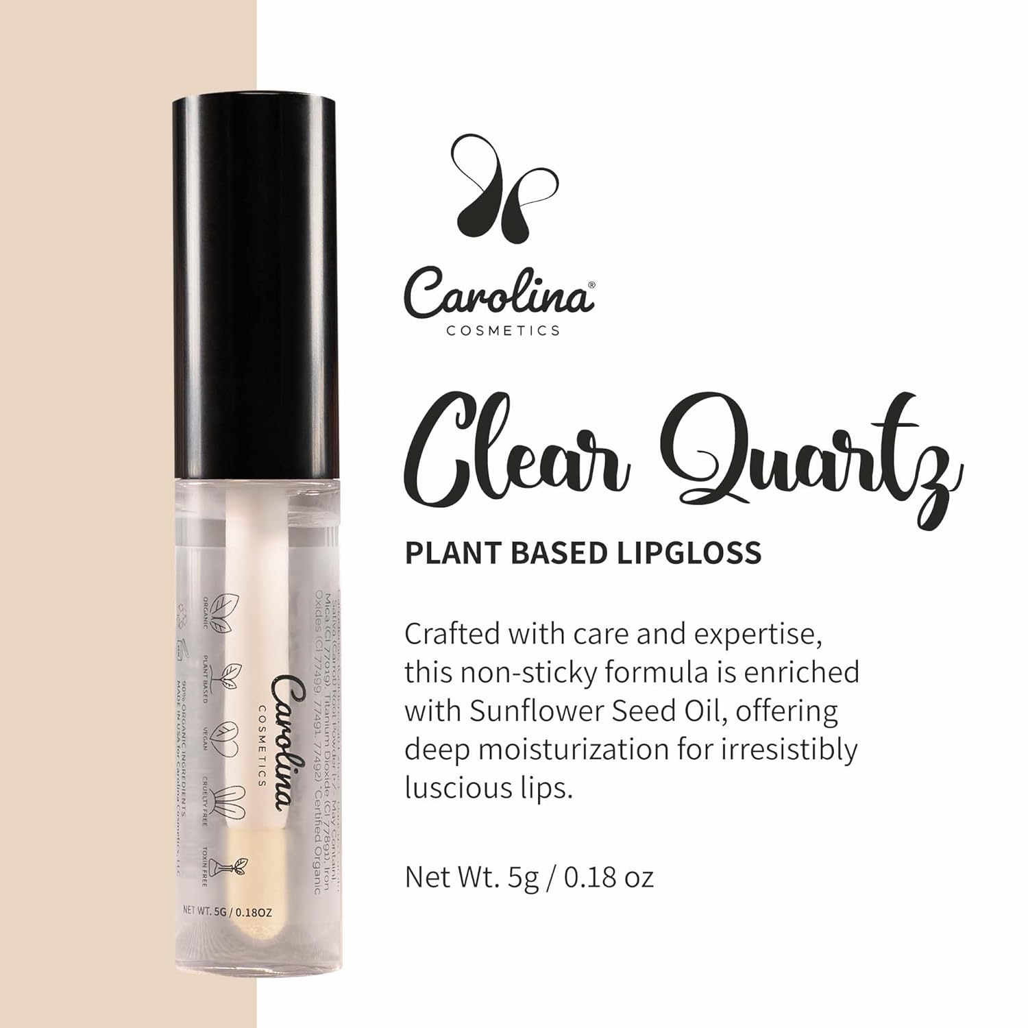Clear Quartz Lip Gloss with Sunflower Seed Oil - Hydrating, Vegan, Non-Sticky - With Cacao & Grape Seed Oils - 5g/0.18oz-Velvo Beauty