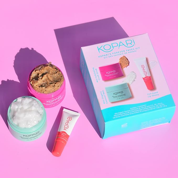 Kopari Forever Faves Bundle | Mini Organic Coconut Melt, Exfoliating Mini Coconut Crush Scrub, Clear Moisturizing Lip Glossy | Body and Lip Kit to Soothe and Hydrate Dry Skin | Cruelty Free, Vegan-Velvo Beauty