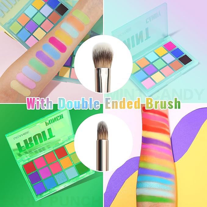 UCANBE Colorful Eyeshadow Palette Makeup Set, 2pcs 15 Shades Matte Shimmer Vibrant Neon Rainbow Pastel Eye Shadow Pallet with Soft Double Ended Brush, Summer Vibe Pigmented Blendable Eye Make Up Kit-Velvo Beauty