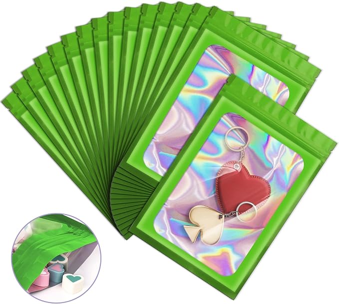 100 Pack Holographic Bags,Smell Proof Packaging Bags, Clear Window Resealable Odor Foil Pouch Mylar Bags for Food Storage and Lipgloss, Jewelry Lash(Green, 2.4 x 3.9 Inch)-Velvo Beauty