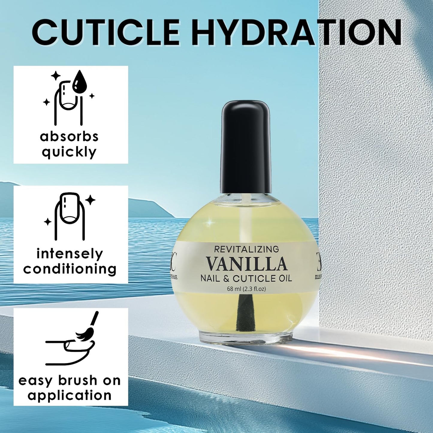 Ellie Chase Moisturizing Cuticle & Nail Care Oil 2.3 Fl Oz - Vanilla Scented – Infused with Jojoba Oil, Aloe, Vitamin E – Nail & Cuticle Hydration, Repair, Moisturizer, Strengthener, Growth-Velvo Beauty
