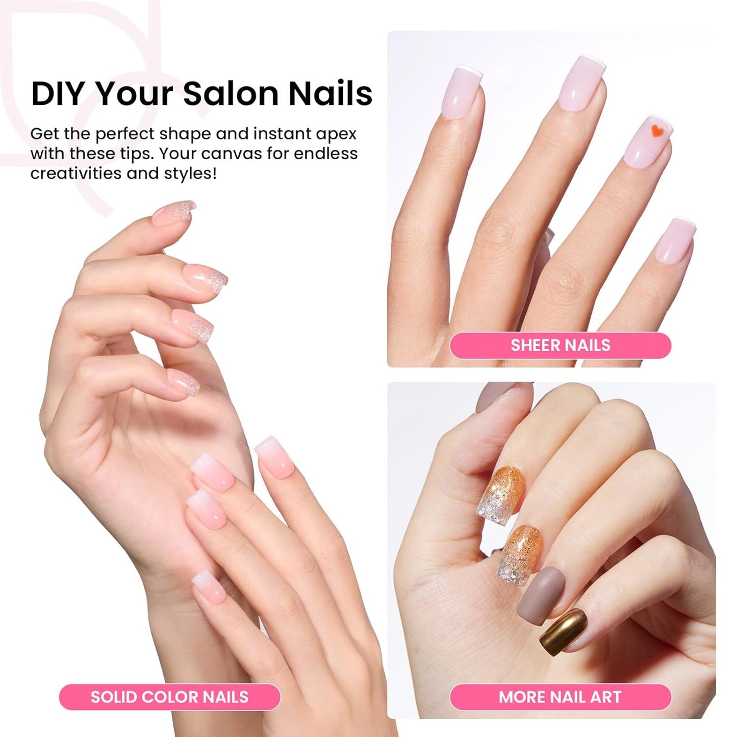 Beetles Tipex Gel Nail Kit Extra Short Square: 16 Sizes Instant Apex Nail Tips, 224 Pcs Pre-Building False Nail Tips with Tipex Nail Glue, Mini Nail Lamp-Thick Acrylic Nail Set-Velvo Beauty