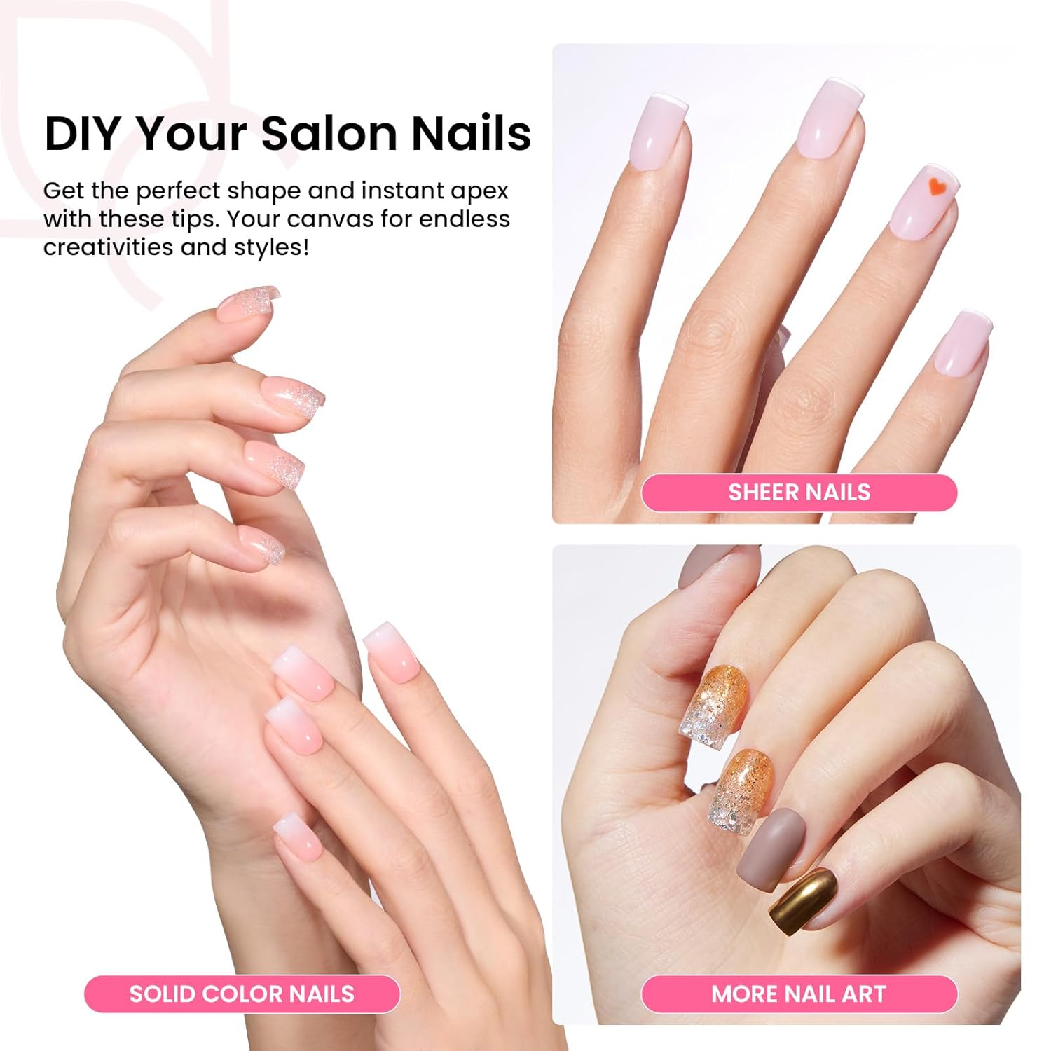 Beetles Tipex Gel Nail Kit Extra Short Square: 16 Sizes Instant Apex Nail Tips, 224 Pcs Pre-Building False Nail Tips with Tipex Nail Glue, Mini Nail Lamp-Thick Acrylic Nail Set-Velvo Beauty