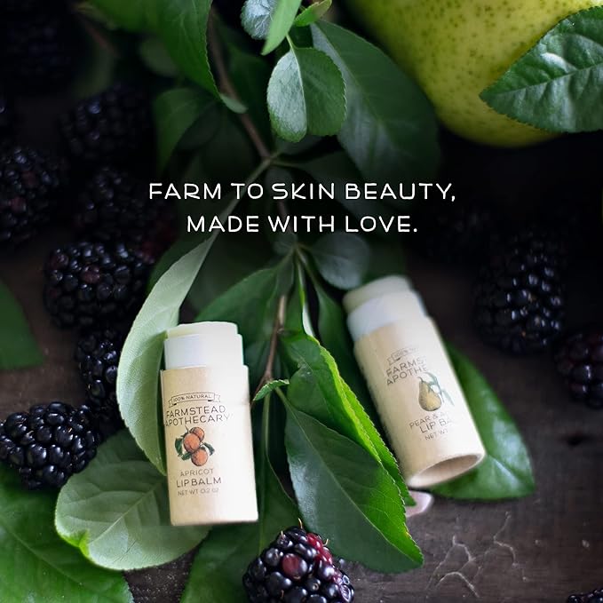 Farmstead Apothecary Lip Balm Gift Set with Pouch - Reusable Pouch Includes 4 -.2 oz Lip Balms - Boysenberry Vanilla, Fig & Honey, Pear & Almond , Apricot ,1 each. 100 % Natural, 99% Organic-Velvo Beauty