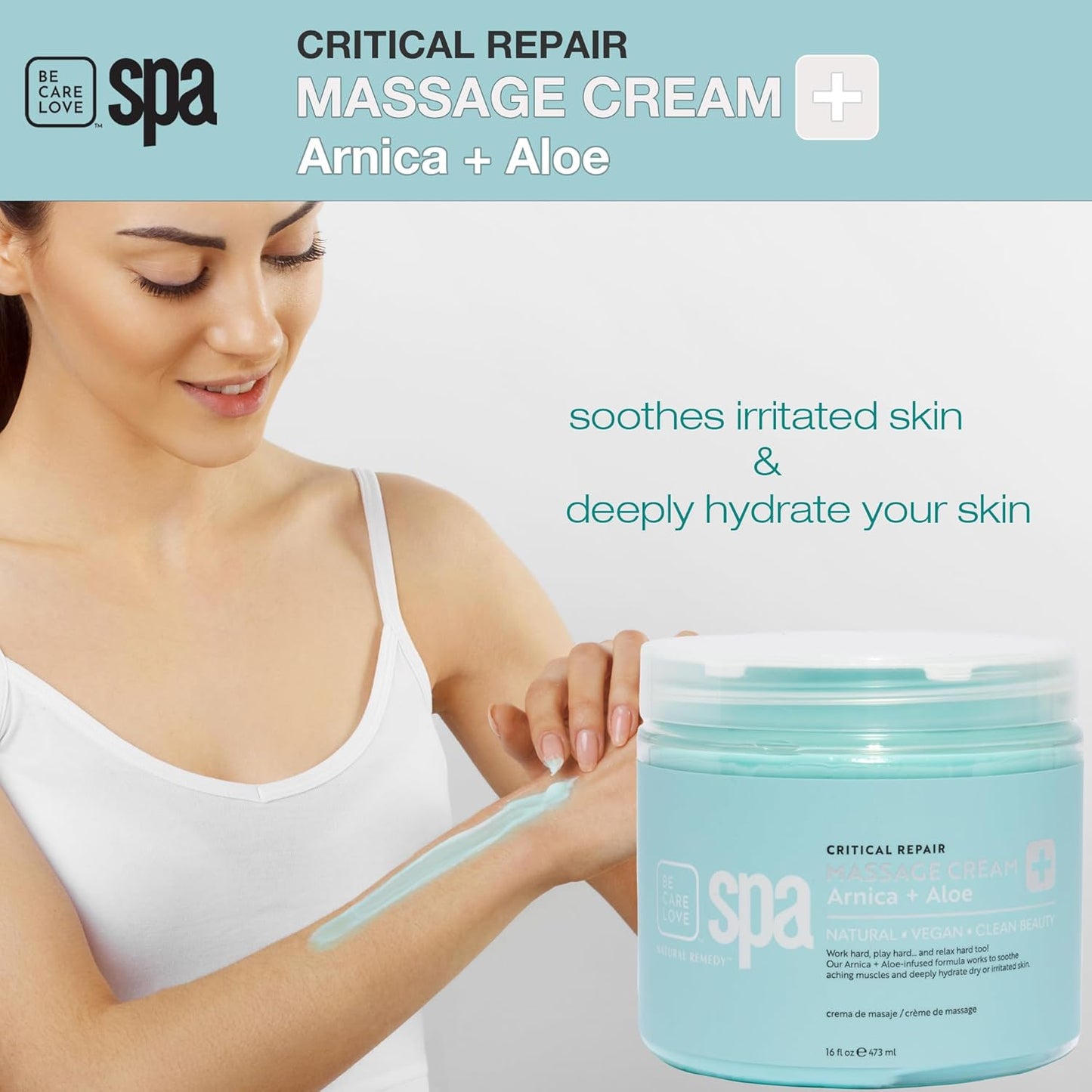 Be Care Love Spa Critical Repair Massage Cream with Organic Arnica and Organic Aloe Natural Vegan Clean Beauty Made in USA 16 fl oz-Velvo Beauty