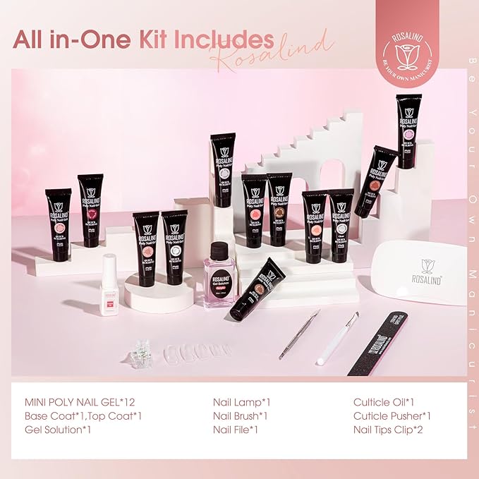 ROSALIND 12PCS Pink Brown Poly Nail Gel Kit with Mini Nail Lamp White Glitter Pink Poly Extension Gel Set-Velvo Beauty