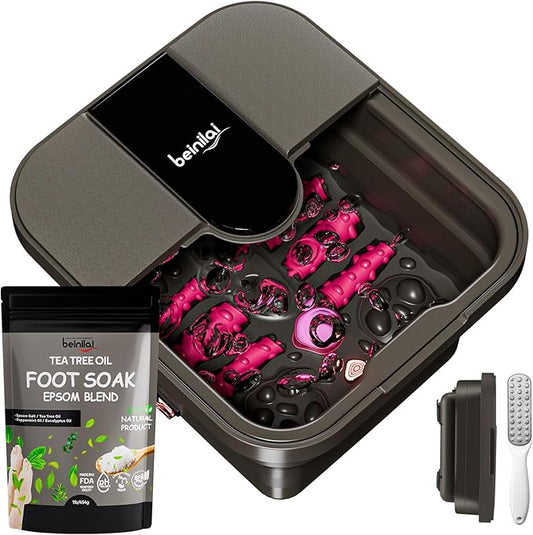 Beinilai Collapsible Foot Spa Bath with Heat,Bubble,Massage Rollers, Tea Tree Oil Foot Soak with Epsom Salt, Pedicure Foot File, Red Light,Removable Pumice Stone,Pedicure Foot Spa-Velvo Beauty