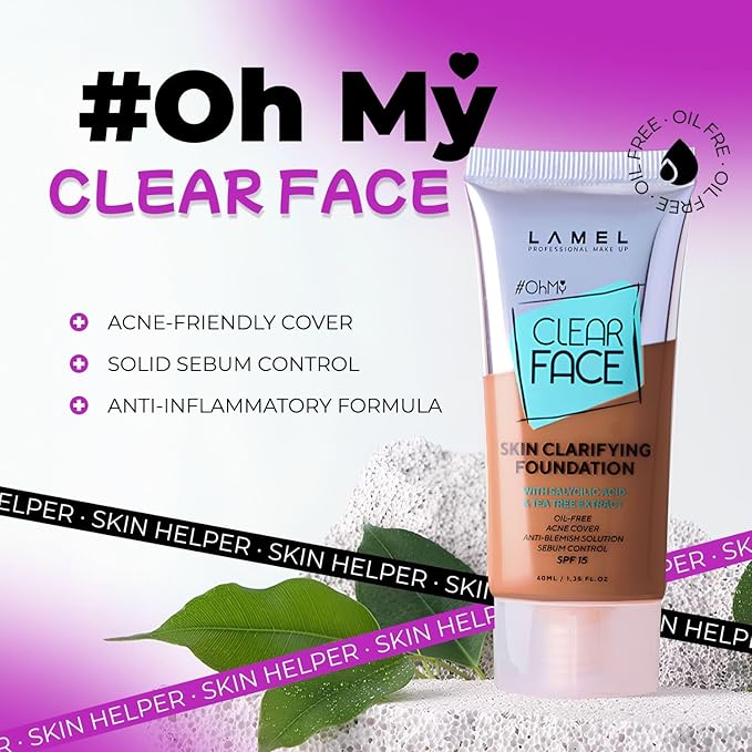 LAMEL OhMy Clear Face Full Coverage Foundation - Acne Coverage - Salicylic Acid & Tea Tree Extract - Dewy & Flawless Finish - Sensitive Skin Care - Organic & Oil-Free - 410, 1.35 fl.oz-Velvo Beauty