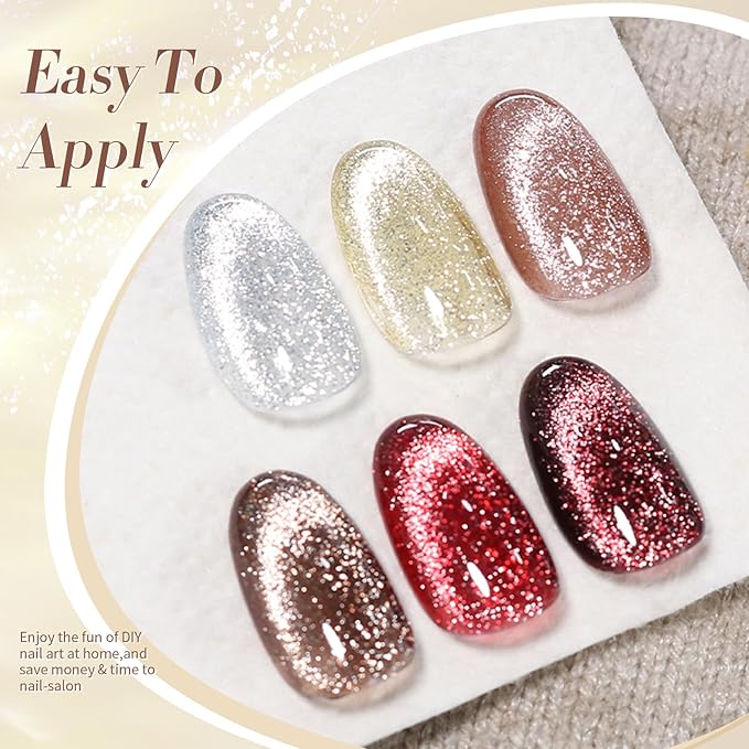 Born Pretty Cat Magnetic Eye Gel Nail Polish Reflective Glitter Gel Polish Red Silver Champagne Gold Glitter Gel Nail Polish 6PCS Set-Velvo Beauty