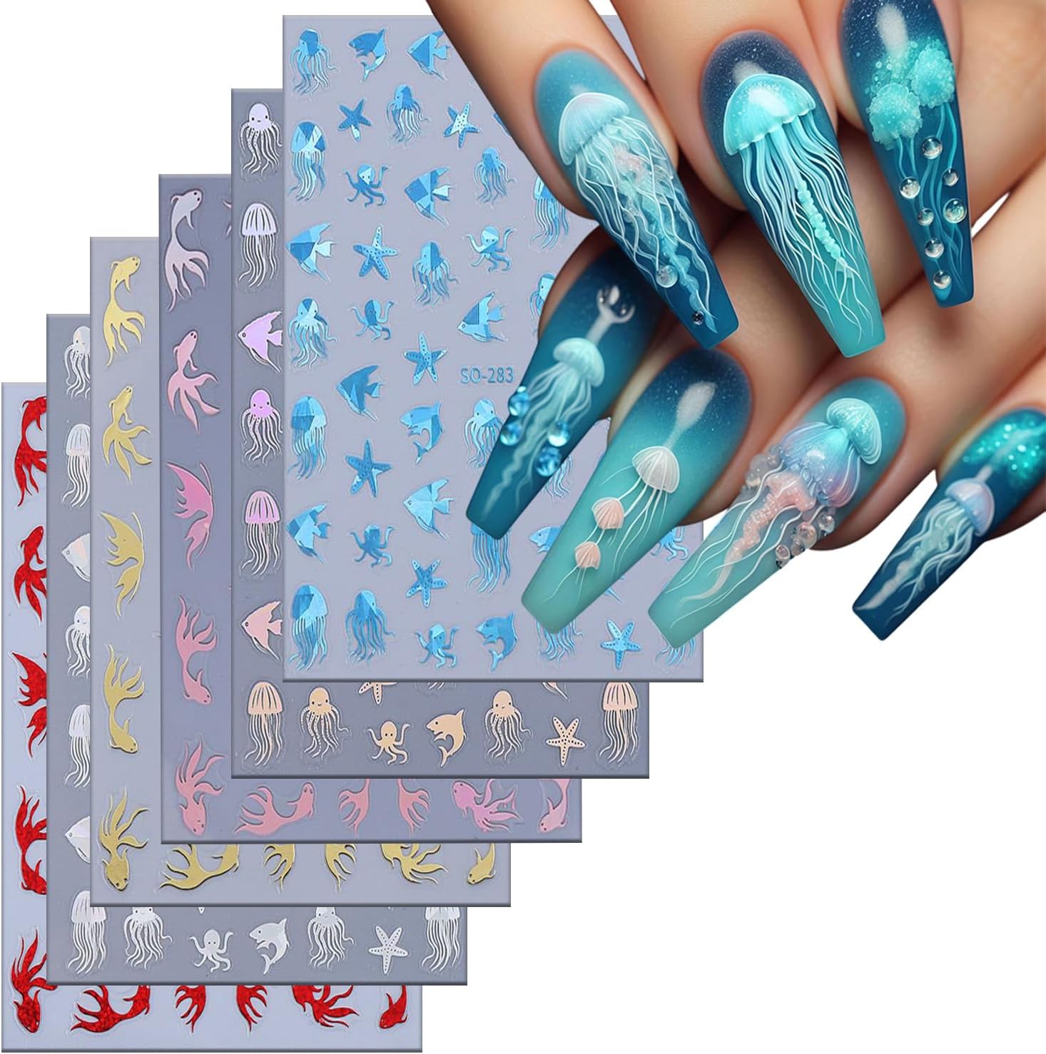 6 Sheets Ocean Animals Nail Art Stickers 3D Self -Adhesive Starfish Jellyfish Nail Decals Holographic Cute Koi Fish Octopus Nail Stickers Summer Nail Decoration for Women Manicure Supplies-Velvo Beauty