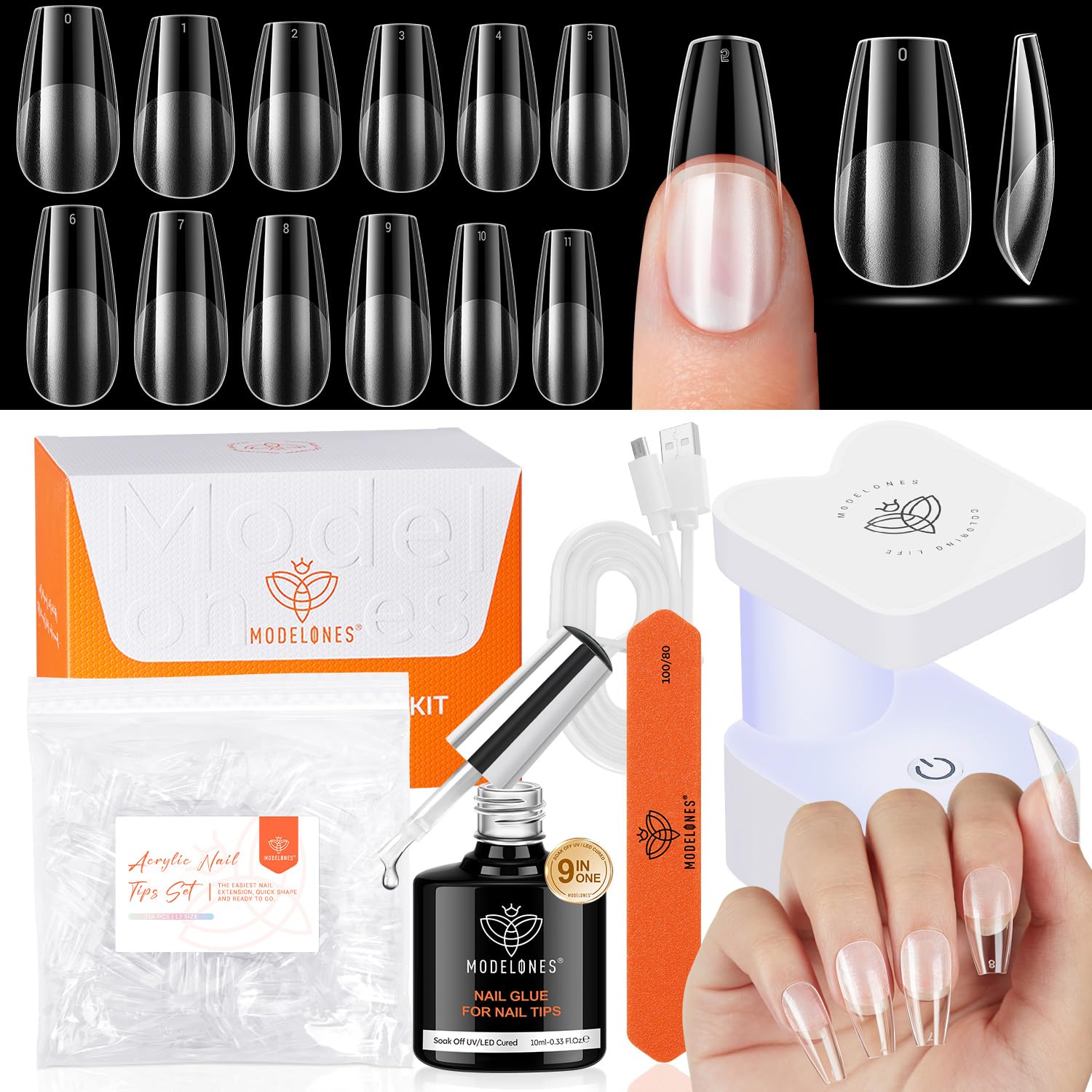 modelones Medium Coffin Gel Nail Tips Kit, 9-in-One Nail Glue with Portable U V Lamp 216Pcs 12Sizes Pre-Etched Press ons Fake Acrylic Extension Kit DIY Salon Gift for Women-Velvo Beauty