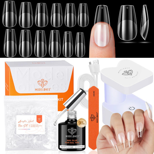 modelones Medium Coffin Gel Nail Tips Kit, 9-in-One Nail Glue with Portable U V Lamp 216Pcs 12Sizes Pre-Etched Press ons Fake Acrylic Extension Kit DIY Salon Gift for Women-Velvo Beauty