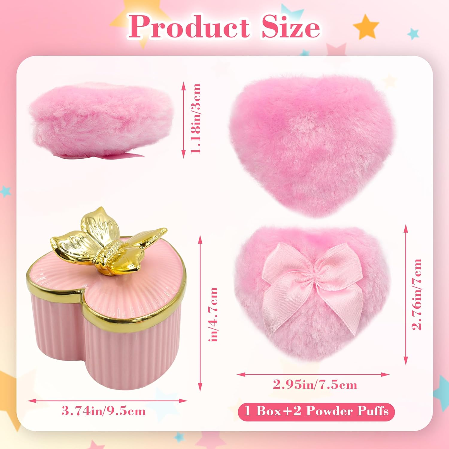 Large Body Powder Puff and Container, Ceramics Dusting Powder Container with 2 PCS Washable Heart Shaped Body Puff, Butterfly Dusting Case for Wet and Dry Makeup (Pink)-Velvo Beauty