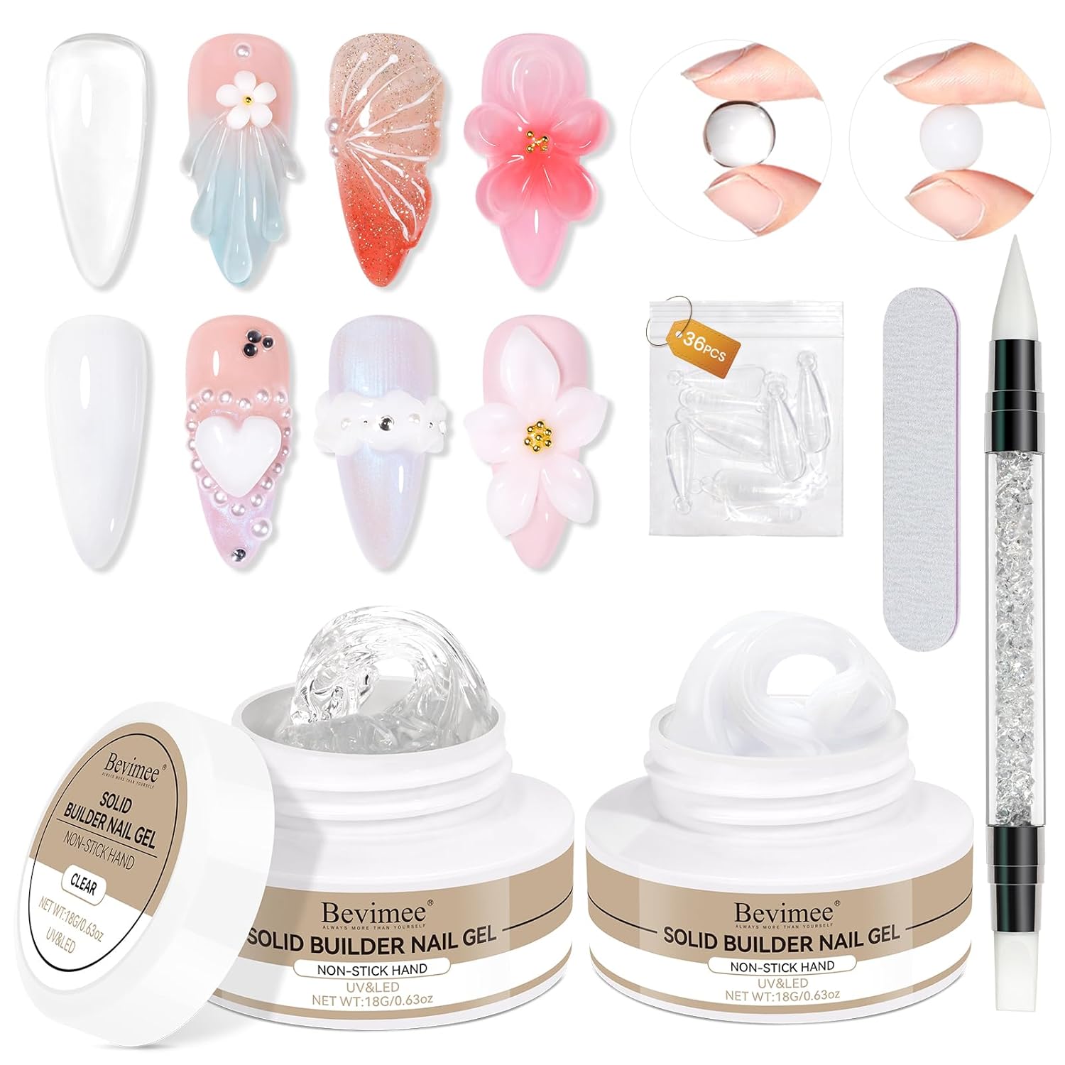 Solid Builder Gel for Nails 2PCS, Sculpting Gel 3D Nail Art Non-Stick Hand, Clear & White, Hard Gels For Nails Modeling, Sculpture, Nail Extension UV/Led Manicure DIY At Home 18g-Velvo Beauty