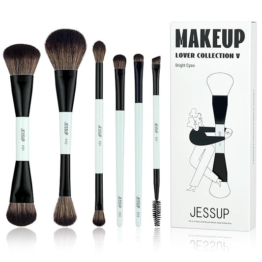Jessup Makeup Brush Set 6pcs Double Sided Makeup Brushes Foundation Contour Blush Highlight Blending Eyebrow Brush Eyeshadow Brush, Vegan Fiber Make up Brush Bright Cyan T501-Velvo Beauty