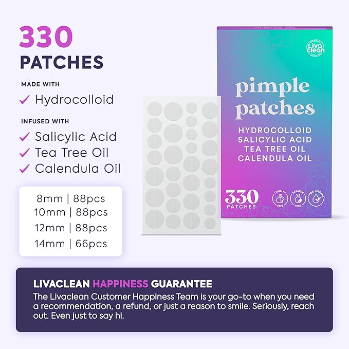 LivaClean 330 CT Pimple Patches for Face w/Salicylic Acid, Tea Tree Oil & Calendula Oil - Four Sizes - Pimple Patch, Hydrocolloid Patch, Acne Patches for Face-Velvo Beauty