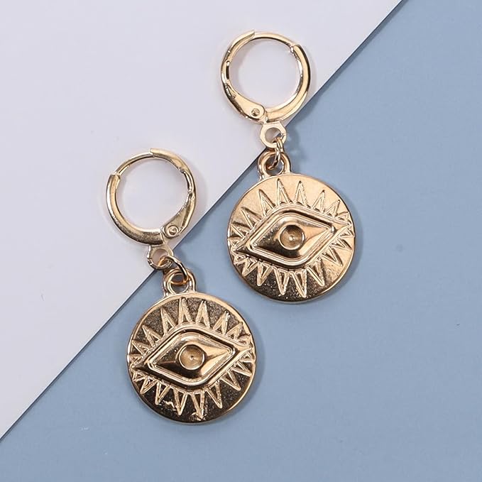 Evil Eye Coin Earrings Gold Disc Drop Earrings Evil Eye Hoop Earrings Vintage Lucky Charm Earrings Jewelry for Women and Girls-Velvo Beauty