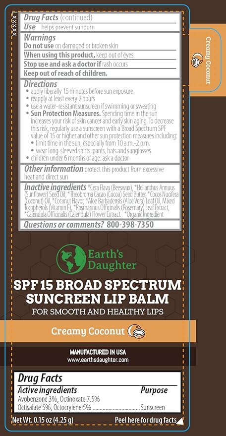 SPF Lip Balm 4-Pack by Earth's Daughter - Lip Sunscreen, SPF 15, Organic Ingredients, Coconut Flavor, Beeswax, Coconut Oil, Vitamin E - Hypoallergenic, Paraben Free, Gluten Free, New-Velvo Beauty