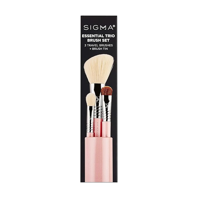 Sigma Beauty Travel Essential Trio - Makeup Brush Set for Foundation Powder Eyeshadow - 3 Tool Brushes with Brush Tin Holder - - Skin Safe, Vegan Makeup Brushes for Travel - Light Pink-Velvo Beauty