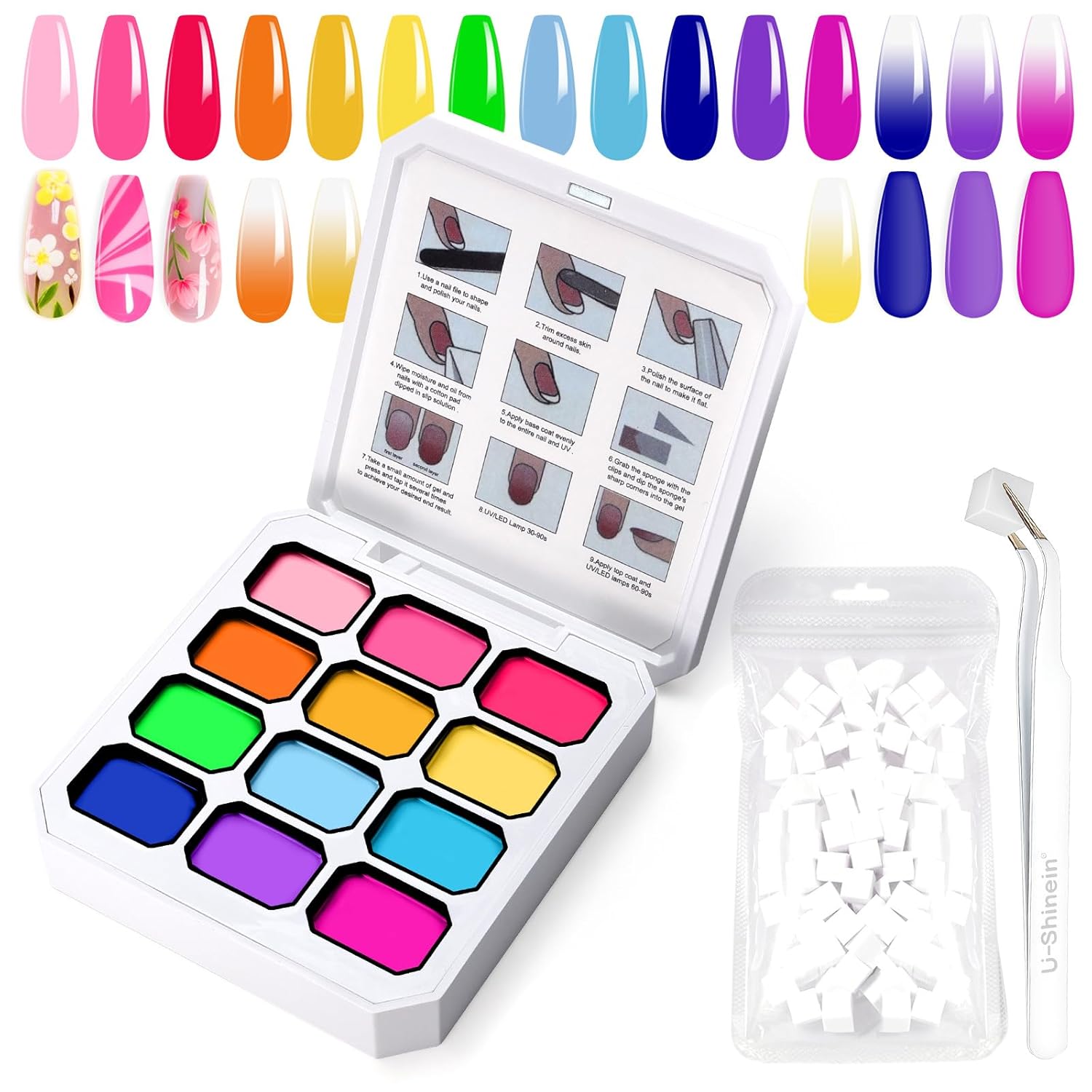 Gradient Painting Gel,12 Ombre Gel Nail Polish Kit with 100Pcs Nail Sponges & Tweezers Bright Color for Pigment Pat Nails French Manicure, Long-lasting Palette Mojito Sunrise Canvas-Velvo Beauty