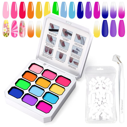 Gradient Painting Gel,12 Ombre Gel Nail Polish Kit with 100Pcs Nail Sponges & Tweezers Bright Color for Pigment Pat Nails French Manicure, Long-lasting Palette Mojito Sunrise Canvas-Velvo Beauty