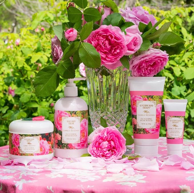 Camille Beckman Essentials Gift Basket, Glycerine Rosewater, Glycerine Hand Therapy 6 oz, Silky Body Cream 13 oz, Hand and Shower Cleansing Gel 13 oz, Glycerine Soap 3.5 oz-Velvo Beauty