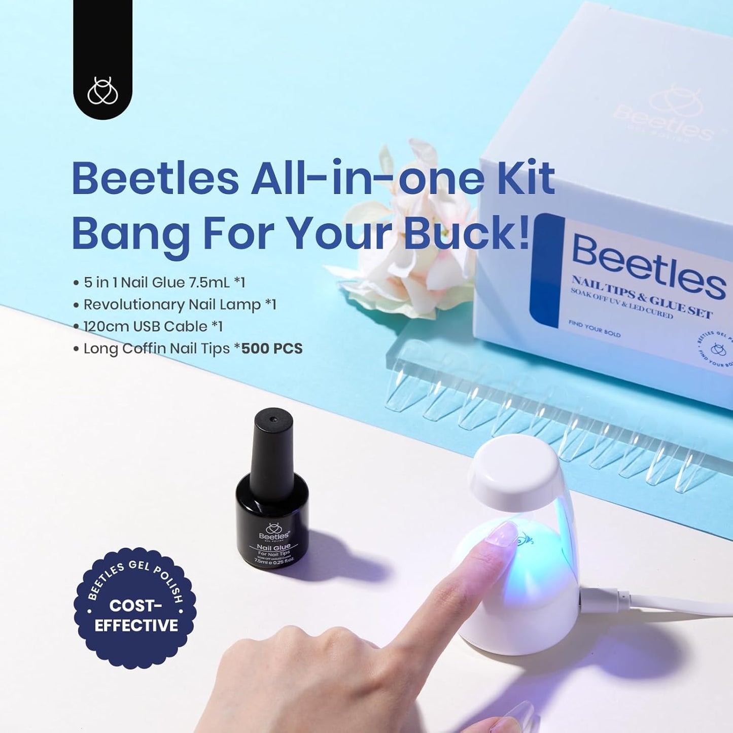 Beetles Gel Nail Kit Easy Nail Extension Set with 500Pcs Nail Tips Coffin Shape 5 In 1 Nail Glue Base Gel and Innovative Led Lamp Easy Diy Nails Art Home Gelly Tips-Velvo Beauty