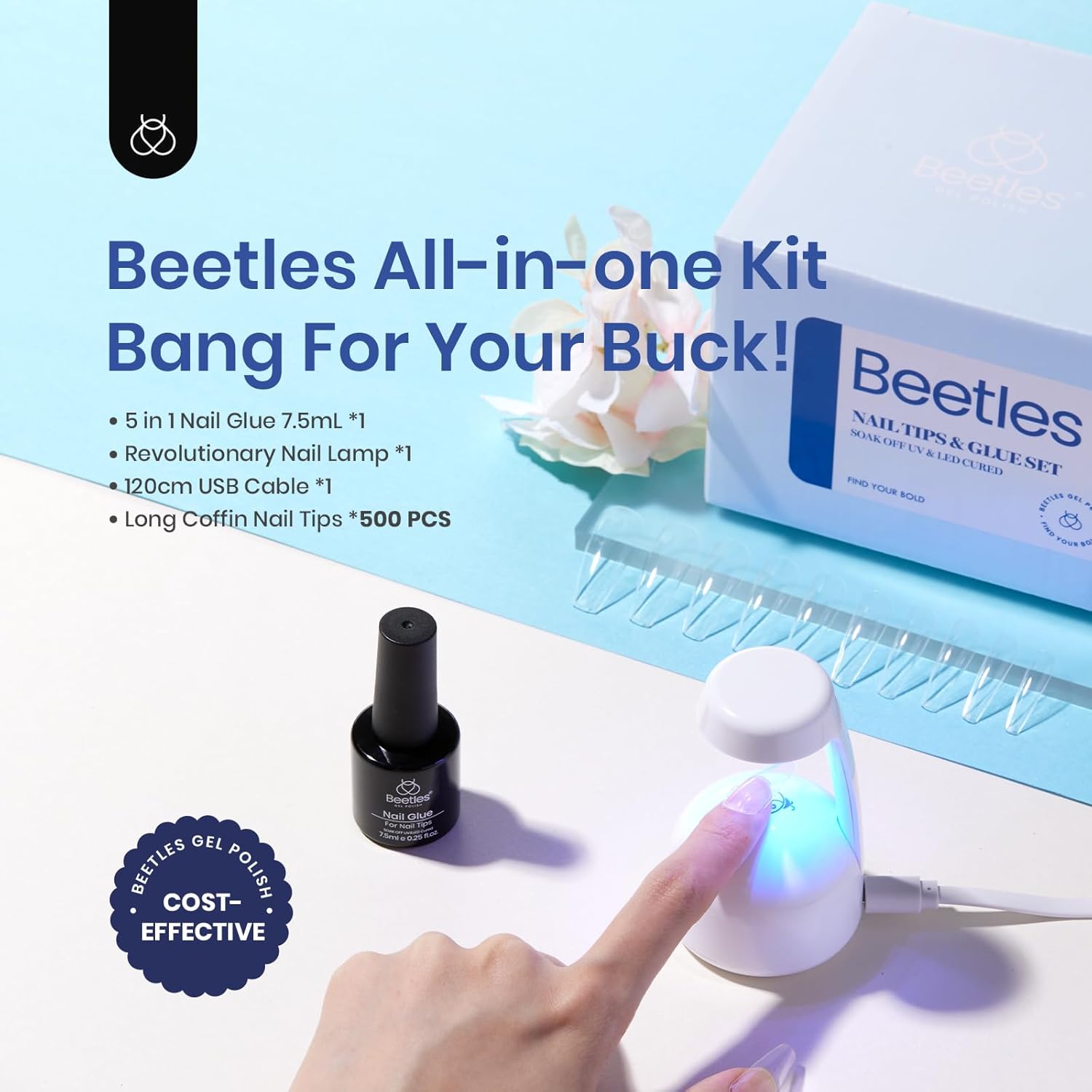 Beetles Gel Nail Kit Easy Nail Extension Set with 500Pcs Nail Tips Coffin Shape 5 In 1 Nail Glue Base Gel and Innovative Led Lamp Easy Diy Nails Art Home Gelly Tips-Velvo Beauty