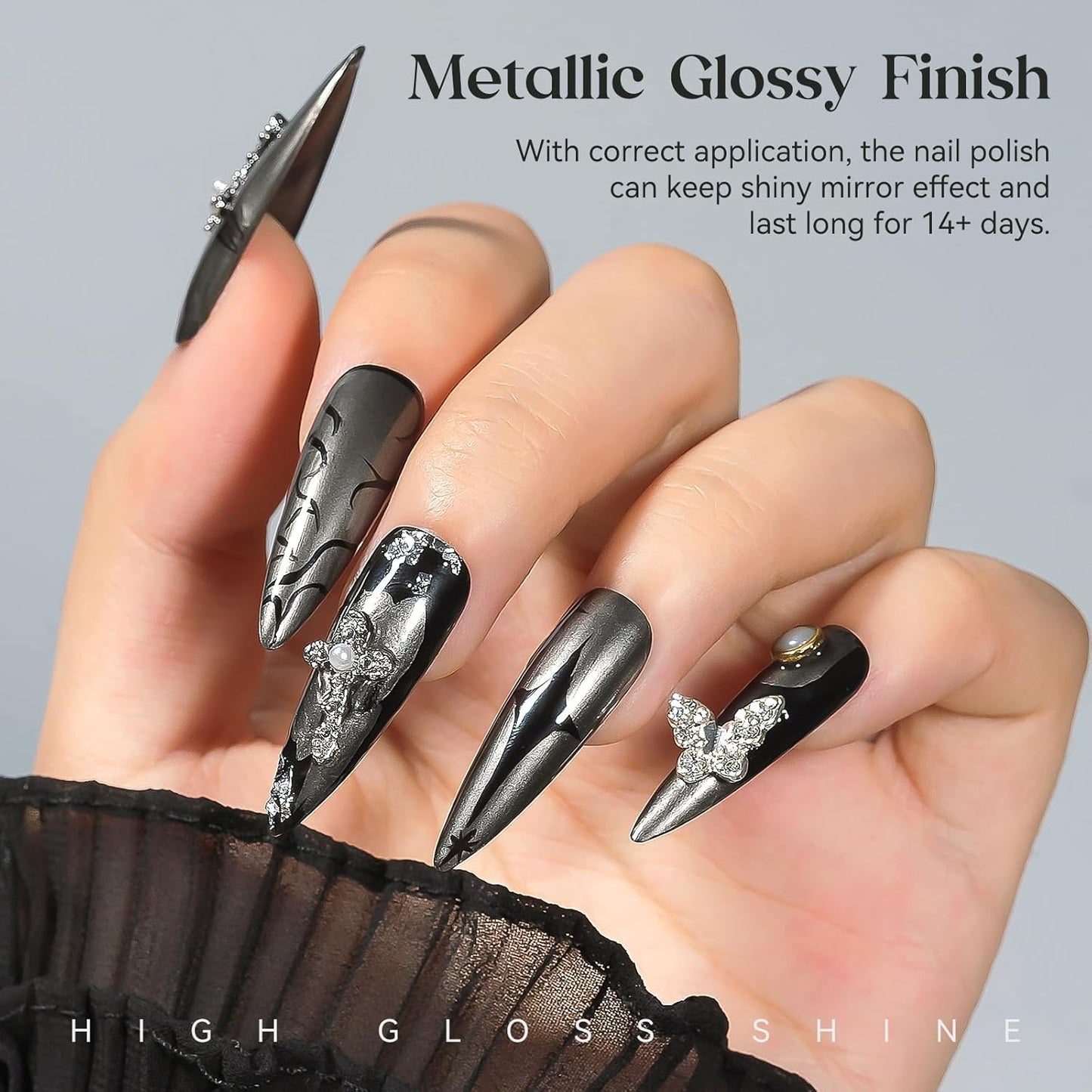 MIZHSE Dark Grey Mirror Nail Polish, Quick Dry Metallic Nail Polish, Air Dry Fast Chrome Nail Lacquer Black Oil-based Nail Art Manicure DIY Home-Velvo Beauty