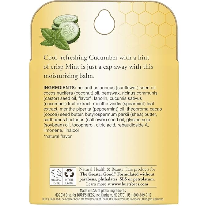 Burt's Bees 100% Natural Origin Moisturizing Lip Balm, Cucumber Mint with Beeswax, 4 Tubes-Velvo Beauty