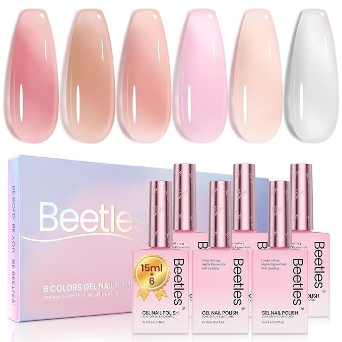Beetles Jelly Gel Nail Polish, 6 Colors 15ML Milky White Sheer Pink Nude Brown Translucent Sheer Nail Polish Soak Off UV Colorful Bottle Gel Nail Art Home Salon DIY Gift for Women-Velvo Beauty