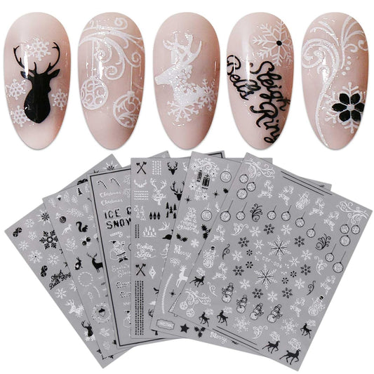JMEOWIO 9 Sheets Christmas Glitter Nail Art Stickers Decals Self-Adhesive White Black Nail Supplies Nail Art Design Decoration Accessories-Velvo Beauty