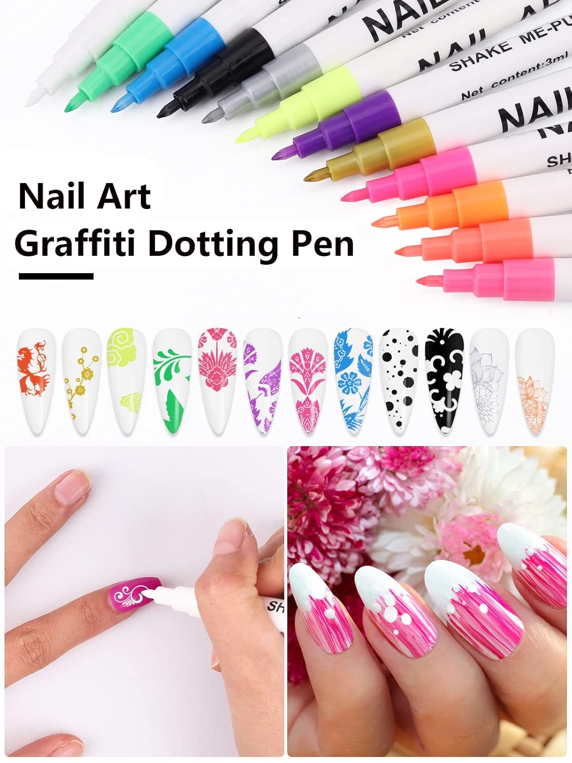12 Color 3D Nail Art Pens Set, Kalolary Nail Point Graffiti Dotting Pen Drawing Painting Liner Brush for DIY Nail Art Beauty Adorn Manicure Tools-Velvo Beauty