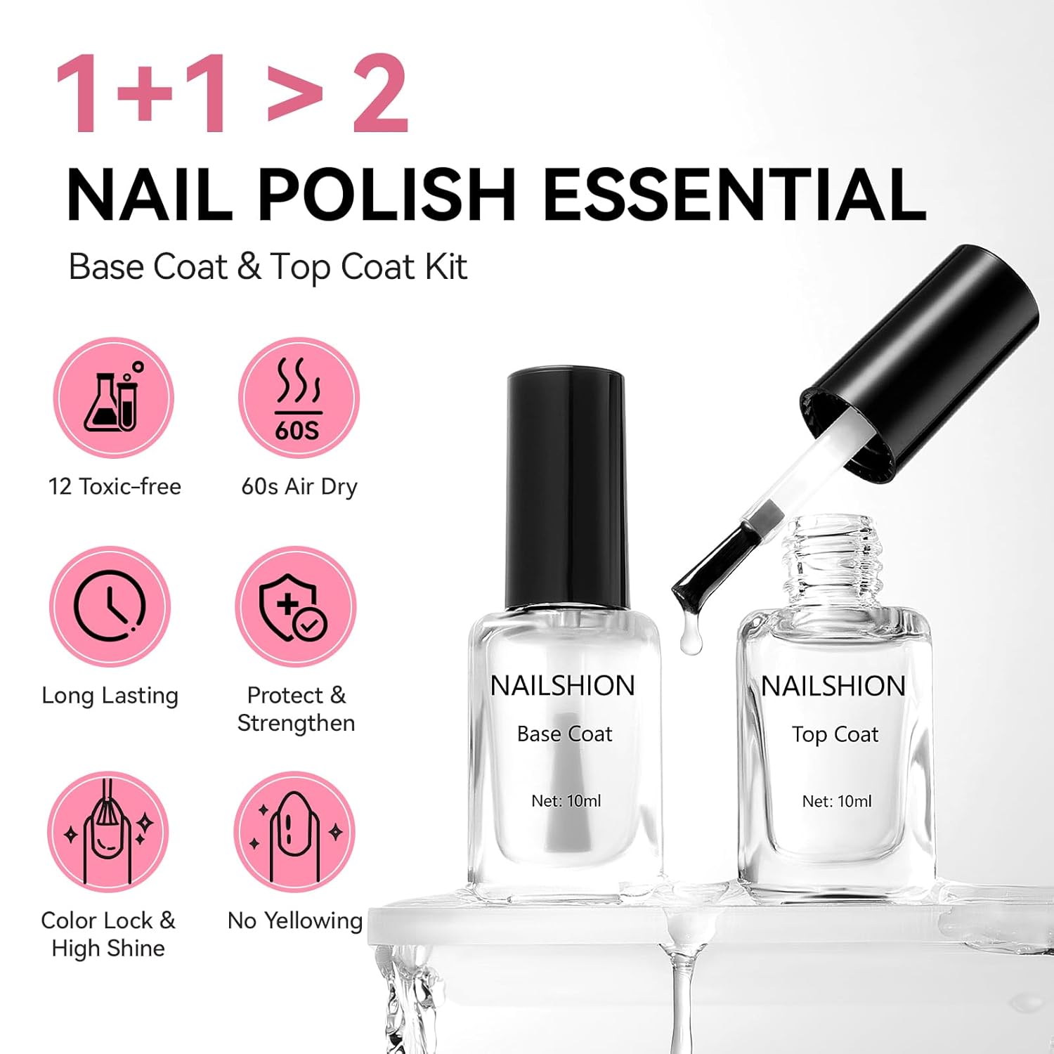 Base Coat and Top Coat, Clear Regular Nail Polish, Rich in VE Calcium Quick Air Dry Nail Strengthening Non Gel, 2Pcs Vegan Base Chip Resistant High Shine Long-lasting Nail Art Gift Set-Velvo Beauty