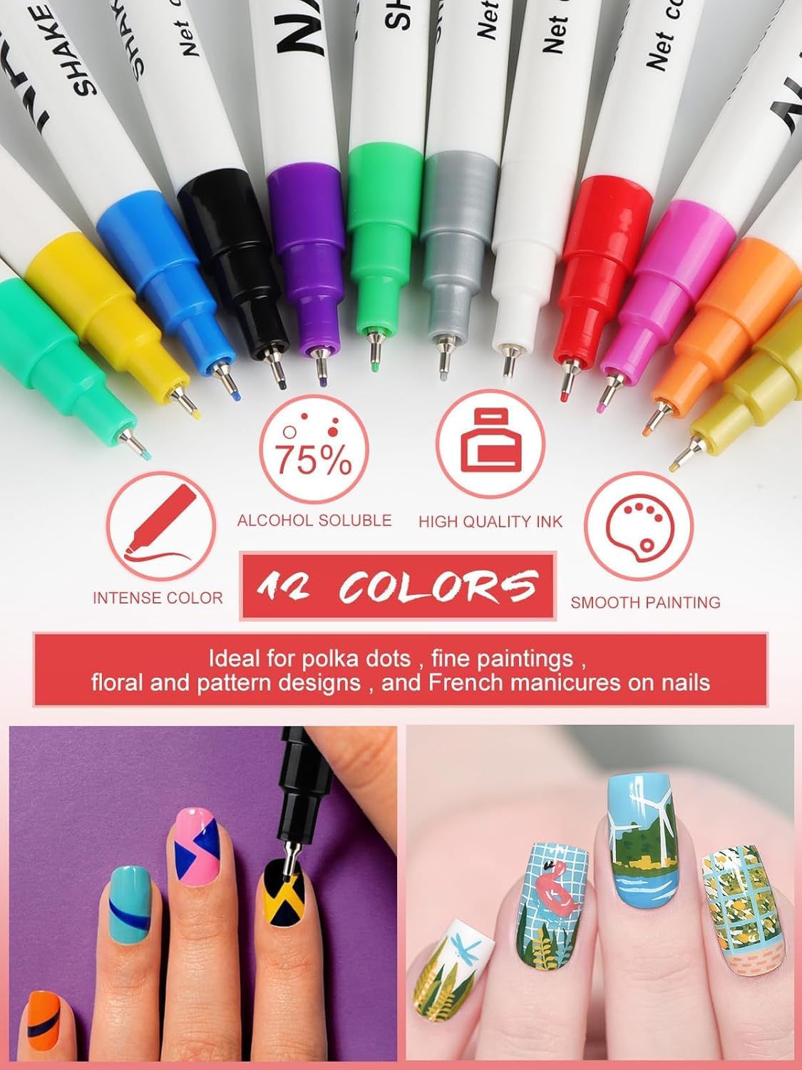 12 Color 3D Nail Art Pens Set, Kalolary 0.5MM Nail Pens Nail Point Graffiti Dotting Pen Drawing Painting Liner Brush for DIY Nail Art Beauty Adorn Manicure Tools-Velvo Beauty