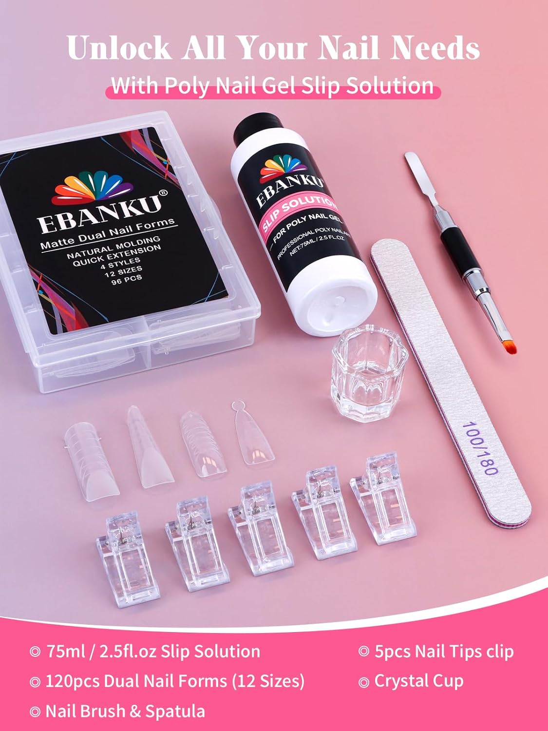EBANKU Poly Gel Nail Forms - 96PCS Dual Forms for Builder Nail Extension, 4 Style 12 Size Dual Forms Set with 2.5oz Slip Solution, Brush, File, 5PCS Clips-Velvo Beauty
