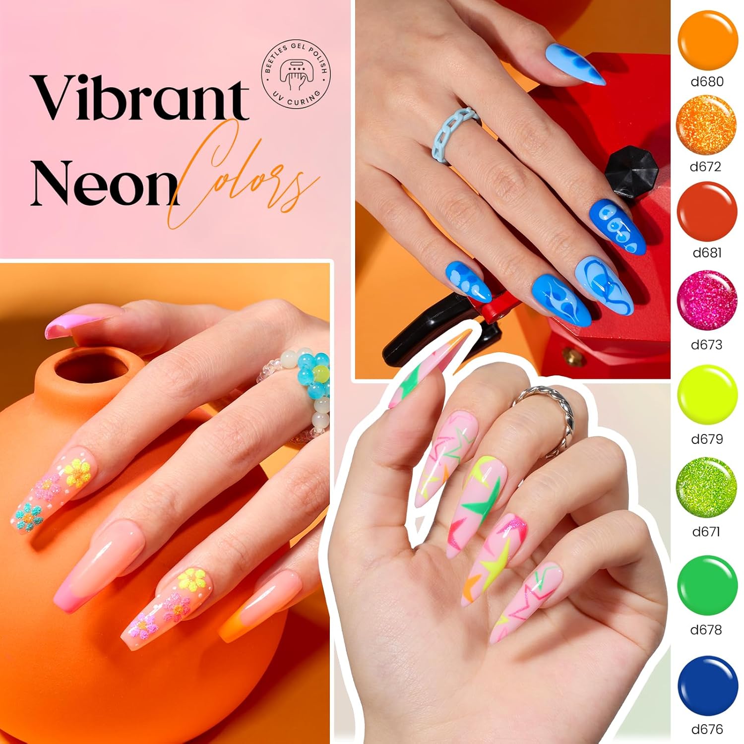 Beetles Gel Polish Liner Nail Art Set, 50 Colors Spring Summer Reflective Glitter Pink Red Blue Green Silver Gel Polish Soak Off UV Built Thin Brush in Bottle Nail Design Polish Rainbow Nails-Velvo Beauty